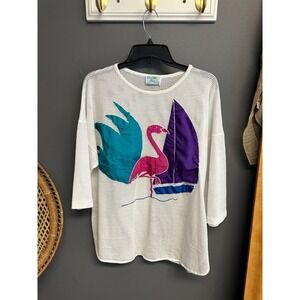 Vintage 90s Coco Bay Flamingo Top Womens Oversized S Netted Beach Cover Up USA